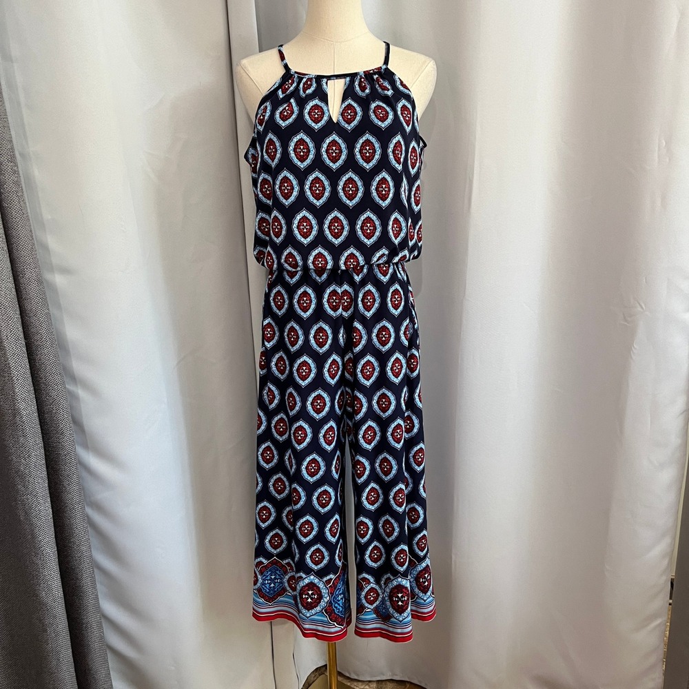 London Times Boho Medallion Wide Leg Jumpsuit Halter Navy Red Resort Festival